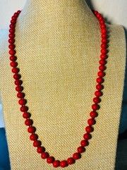 Vintage MONET 32” Red Glass Knotted Bead Necklace