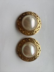 Christian Dior Earrings Vintage Pearl Round Logo Gold Tone Clip On