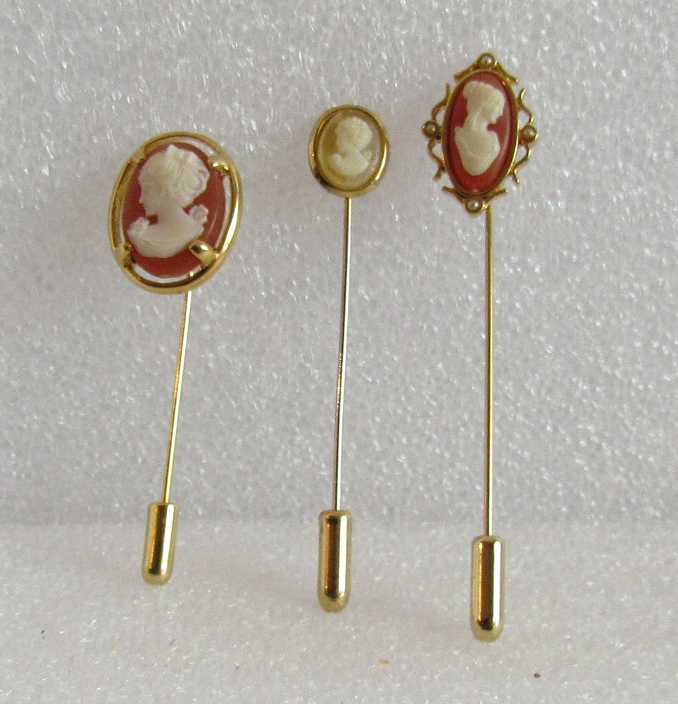 Vintage Cameo Hat Lapel Stick Pins lot of ( 3 ) 2-1/4 to 2-3/4″ Napier gold tone