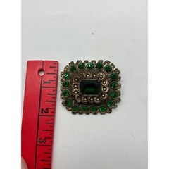 Vintage Gold Tone Large Green Rhinestone Brooch Rectangle Ornate Horseshoe Mark