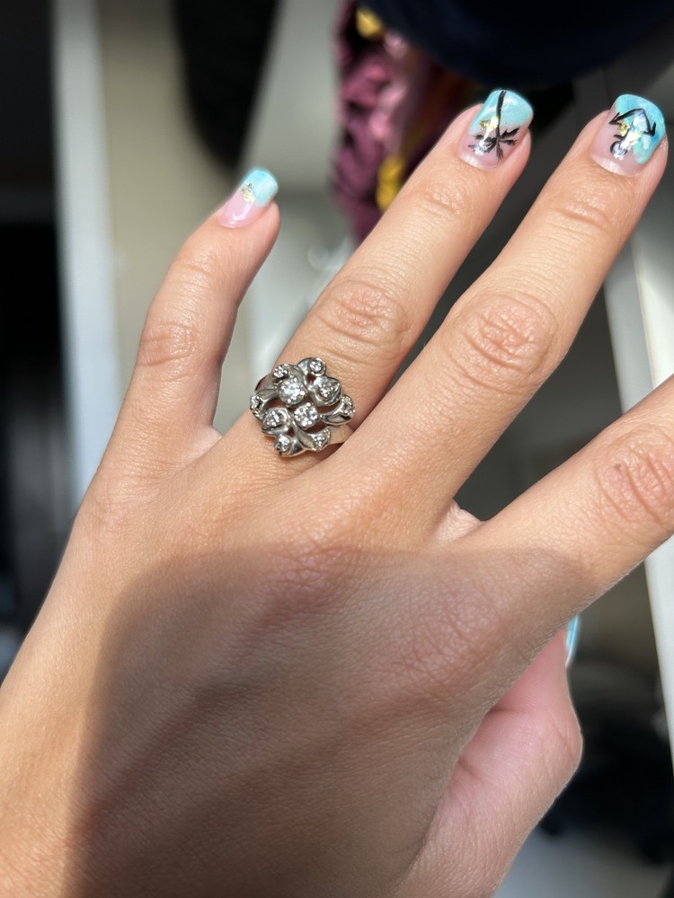 Vintage 14K White Gold Cocktail Ring with Diamonds (Size 5.25)