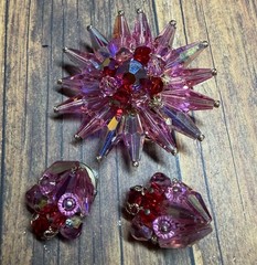 Vintage Pink Aurora Borealis Starburst Brooch Pin Faceted Beads + Clip Earrings