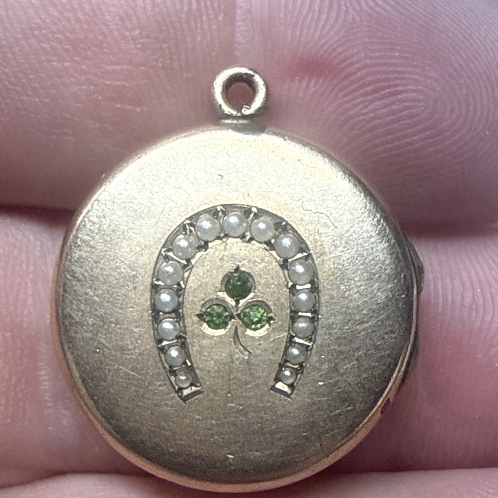 Antique VictorianGold Filled Horseshoe Locket Pendant Good Luck Seed Pearls