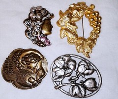 Banana Bob Brooch Lot Vintage Art Nouveau Victorian Design Pins Fox Grapes Woman