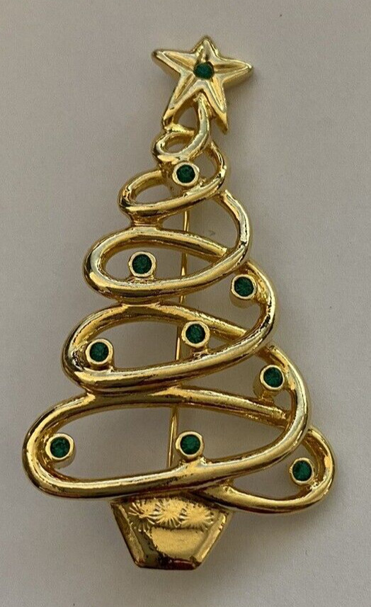 Signed JJJ USA Brooch Lapel Pin Holiday Christmas Tree Gold Tone Green Stones