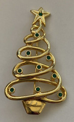 Signed JJJ USA Brooch Lapel Pin Holiday Christmas Tree Gold Tone Green Stones