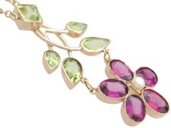 Antique 2.75Ct Garnet 2.35Ct Peridot and Pearl 9k Rose Gold Pendant Circa 1910