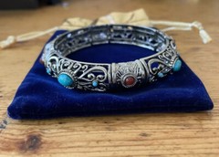 Barzel Silver Plated Stretch Cuff Bracelet Bangle Turquoise & Amber Stones Boho