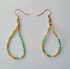 Vtg Orange Green Multistrand Boho Seed Bead Necklace & Earrings Set