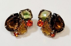 Vintage Orange Yellow Green Givre Amber Rhinestone Earrings Caviness?