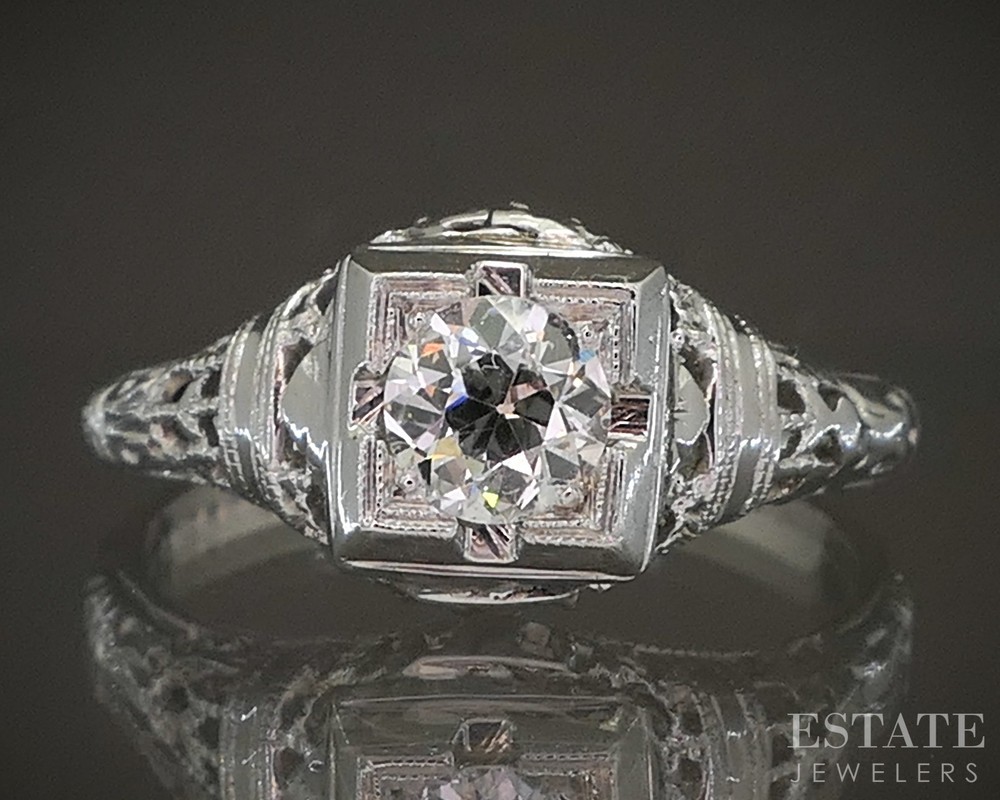 Antique 14k White Gold OEC Natural .28ct Diamond Filigree Solitaire Ring p19370