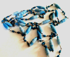 Antique Italian Murano 30s Blue marble Glass Beads Metal Links 56″ NecklaceAnt