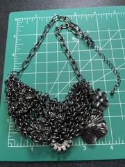 Vintage 16-18” Bib Necklace Crystal Rhinestone Flower Black Lucite Mesh Chain