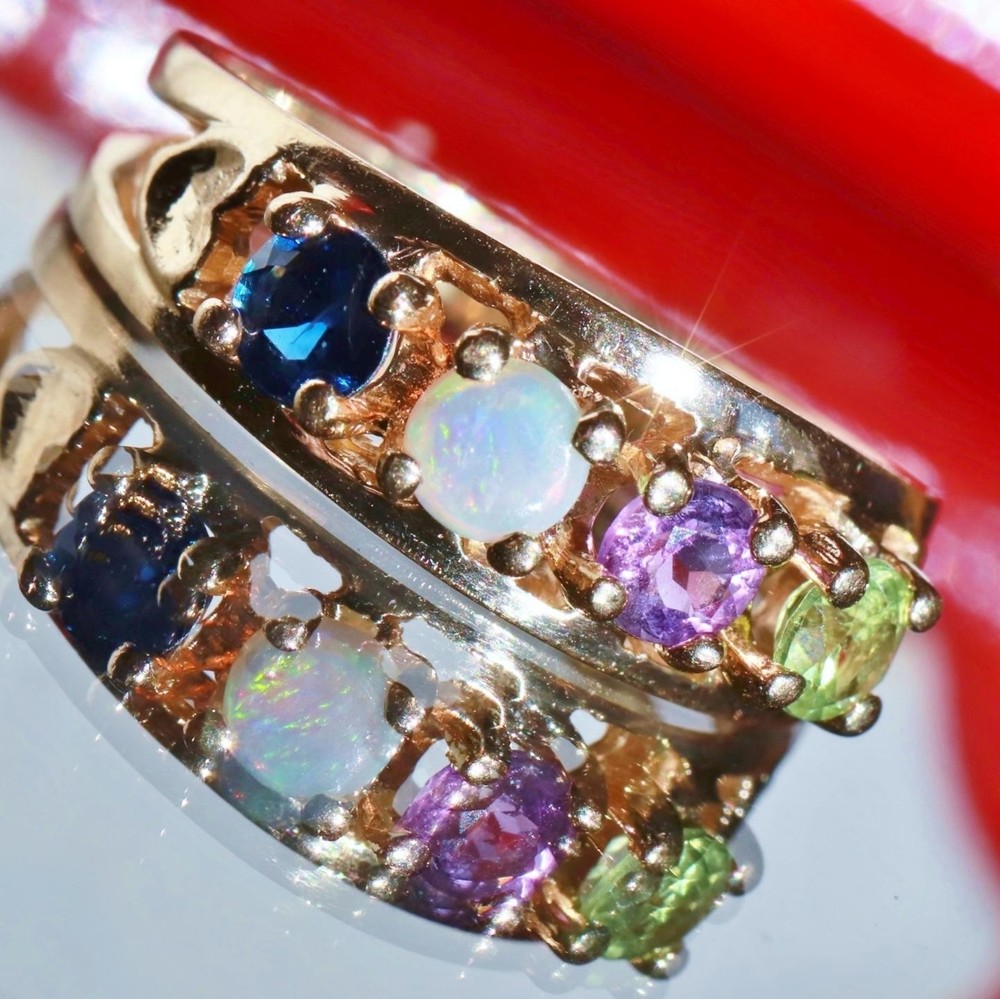 14k y/gold ring 0.80c treated multi gemstone mother’s sz 8.5 heart 4.30g N3009