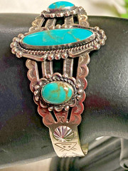 Fred Harvey Era Bell Trading Post Turquoise Three Stone Sterling Cuff Bracelet