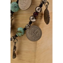 Vintage Beaded Charm Necklace Heavy Layered Turquoise Coin Antiqued Chunky BinBJ