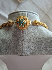 Vintage Ornate Gold Lariat Twisted Necklace With Turquoise Station & Clasp