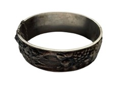 Antique Silver Plated 3-D Art Nouveau Hinged Cuff Bracelet Hallmarked