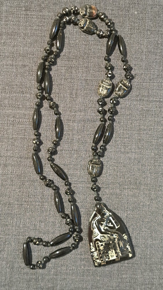 Neiger Brothers art deco black Egyptian Revival flapper knotted necklace