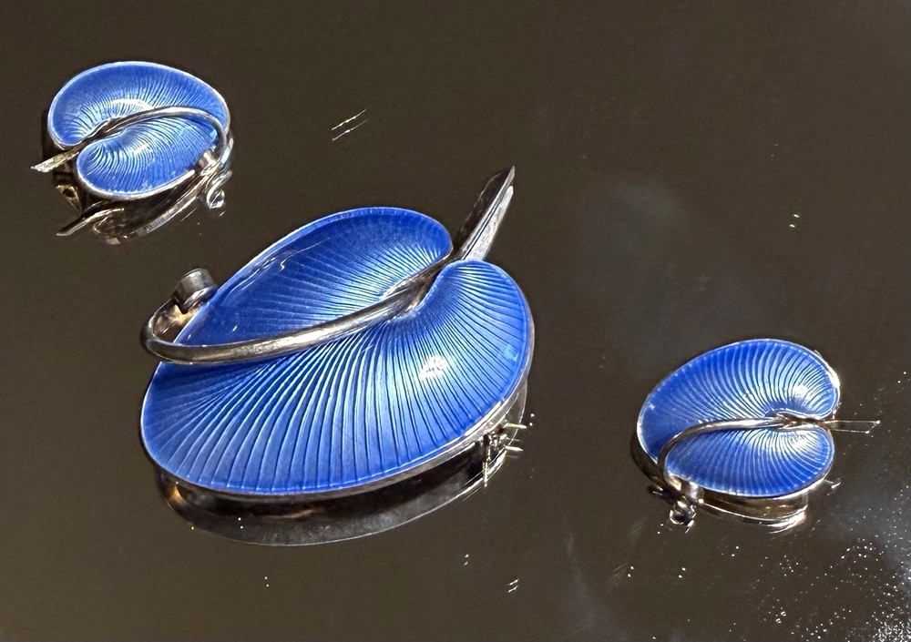 VB Denmark Sterling & Blue Enamel Large Leaf Pin and Clip Earrings
