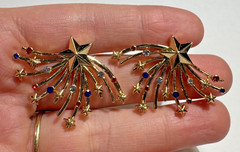 NEW Sugarfix USA Red Blue Rhinestone Fire works Star Stud Gold tone Earrings