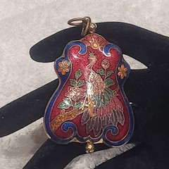Vintage Cloisonne Pendant Peacock Bird Floral Red Blue Gold Tone 2in.