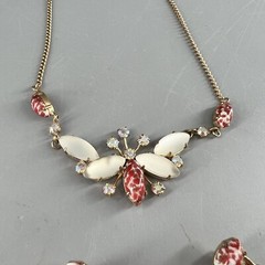 Vtg Rhinestone Marbled Opalescent Butterfly Collar Necklace & Earrings As Is
