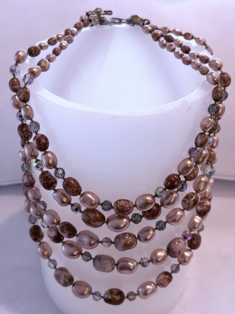 “Vintage Necklace Faux Pearl Glass Beads Aurora Borealis Crystals Filigree Clasp