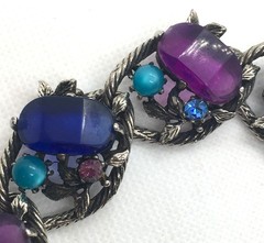 UNIQUE SELINI LINK BRACELET W/PURPLE, TURQUOISE & VIOLET LUCITE INSET PIECES!