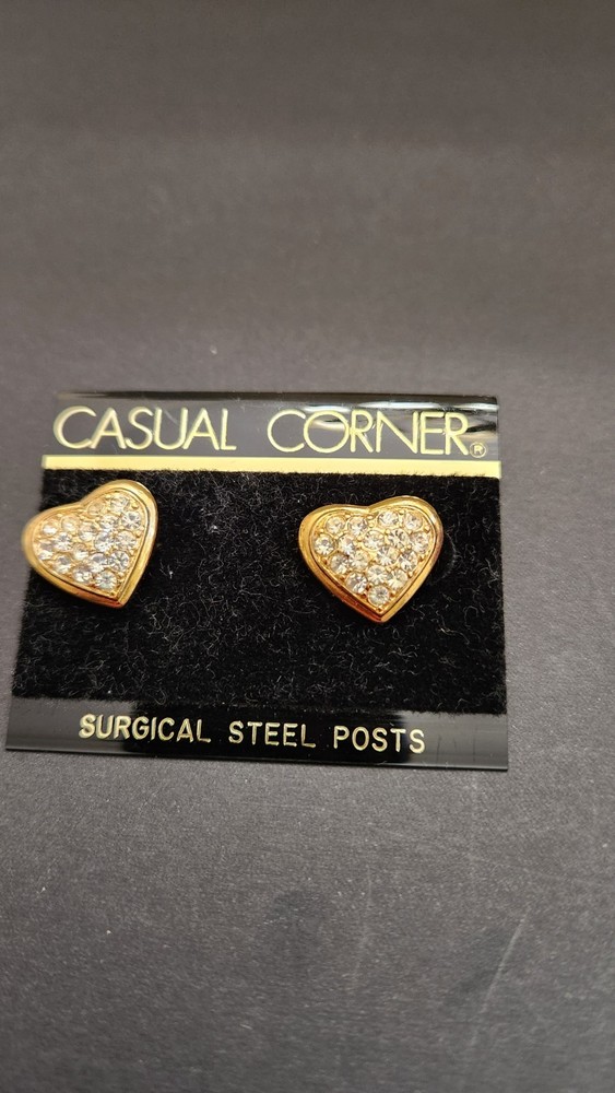 Vintage Casual Corner Heart Rhinestones Gold Color Earrings Surgical Steel Posts
