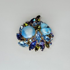 Vintage Blue Aurora Borealis Rhinestone Brooch Pin Flowers Blue Stone