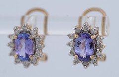 14K Yellow Gold Oval Tanzanite & Diamond Omega back Earrings, 3.3 grams