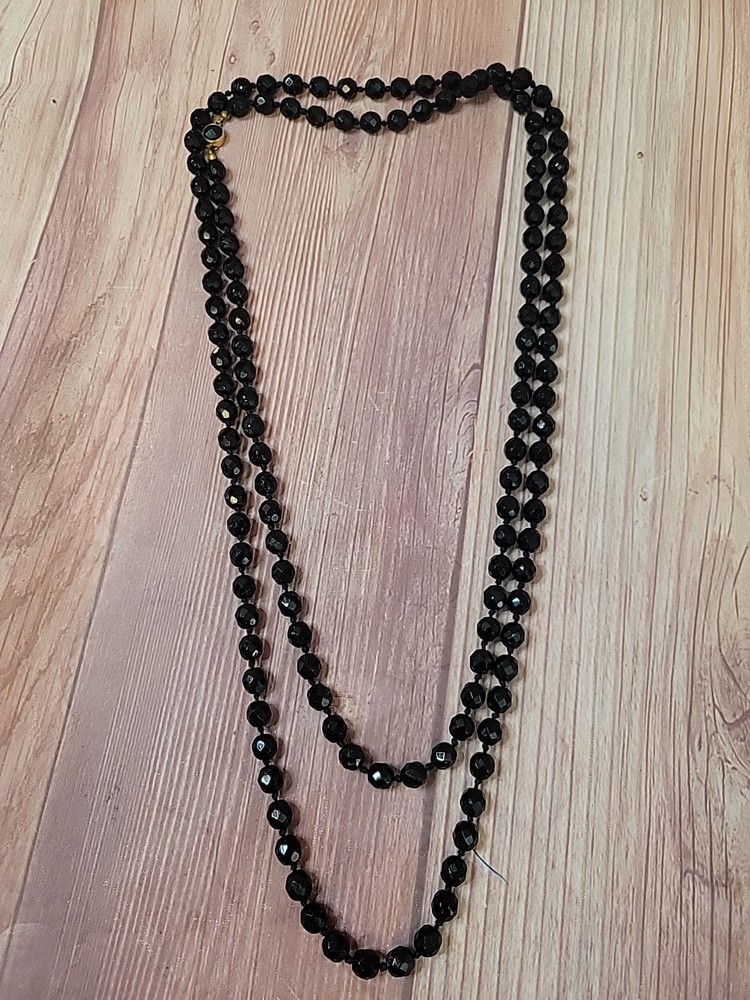 Vintage Made in Austria Black Glass Faceted Bead Necklace 56″ Hand Knotted