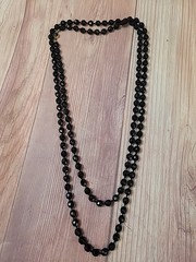 Vintage Made in Austria Black Glass Faceted Bead Necklace 56″ Hand Knotted