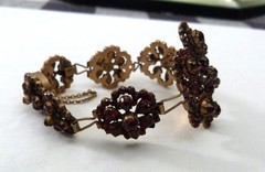 1 5/8″ WIDE ANTIQUE VINTAGE BOHEMIAN GARNET GOLD GILT STERLING SILVER BRACELET
