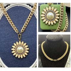 Custom Vintage Chunky Golden Rhinestone Sunflower Pendant Necklace, Easy Switch