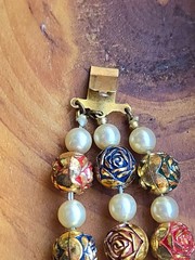 Vintage brass Beaded bracelet Gold Red & Green Metallic Accents & Faux Pearls