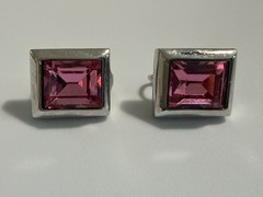 Vintage SAL Swarovski Pink Crystal Clip Earrings Emerald Cut Silver Tone Stamped