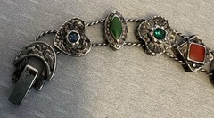 50s Vintage Victorian Revival Jeweled Slide Charm Bracelet Silvertone Enamel 7”