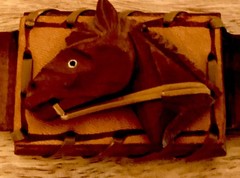 Vintage 1930’s Horse Western Equestrian Brooch Pin Hand Carved Wood Leather EUC
