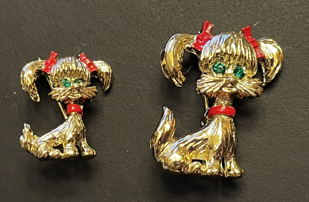2 Vintage Sarah Coventry DOGS Brooch/Pin with Red HAIR BOWS and GREEN EYES