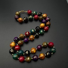Vintage Wooden Bead Necklace Colorful Hand Painted Gold Accents Boho Artsy 30in