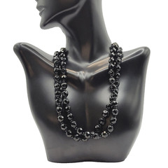 Black Glass Bead Necklace Double Strand West Germany Vintage 1950 1960s 16 Inch