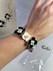 Dana Buchman Enamel Flowers 3 Piece Set Silver Plated Black Cream With Crystals