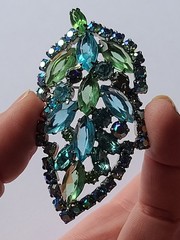 VTG MCM Aque Blue & Lime Green Rhinestone Leaf Brooch Pin (Some AB Finish)