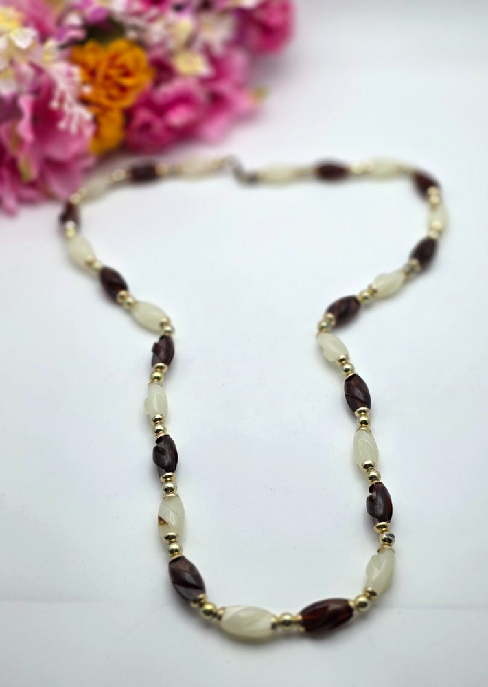 Vintage Faux Amber Milky Lucite Twisted Bead Necklace Gold Tone 30 In