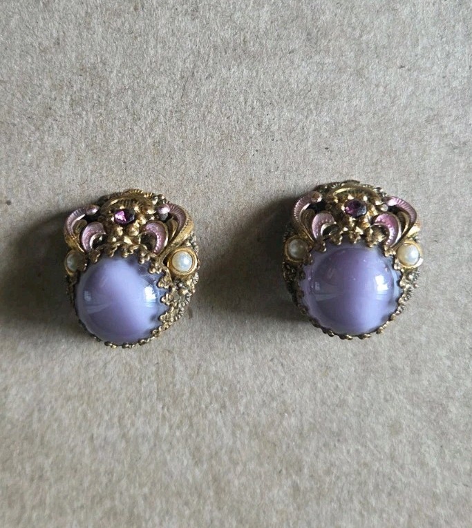 Vintage West Germany Purple Glass Cabochon Gold Tone Clip On Earrings