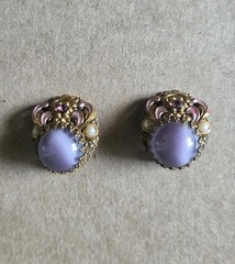 Vintage West Germany Purple Glass Cabochon Gold Tone Clip On Earrings