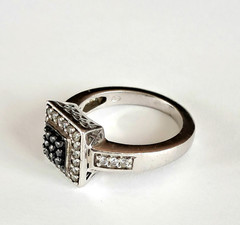 Vintage Sterling Silver Black Clear Square Cushion Diamond Ring