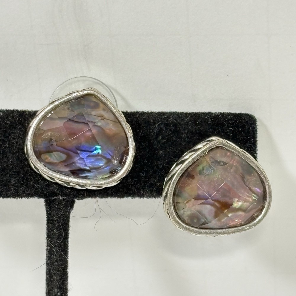 Vintage NAPIER Silver Tone Abalone Pierced Earrings Teardrop Facet Pierced Post